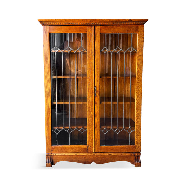 Antique Arts & Crafts Oak Bookcase with Leaded Glass Doors