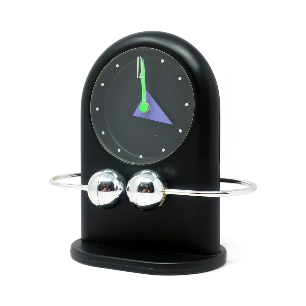 1980s Postmodern Black & Silver Pendulum Desk Clock