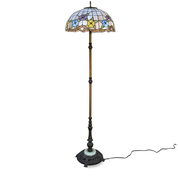 Antique Tiffany Style Brass & Iron Floor Lamp with Stained Glass Shade