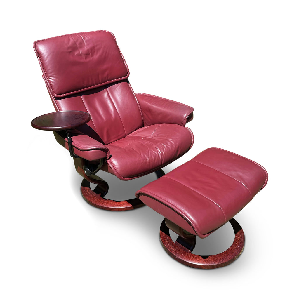 Ekornes Stressless Admiral Maroon Leather Lounge Chair With Tray and Ottoman