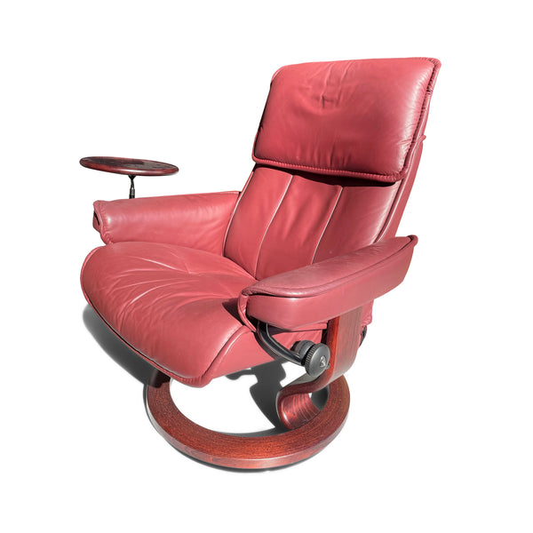 Ekornes Stressless Admiral Maroon Leather Lounge Chair With Tray and Ottoman