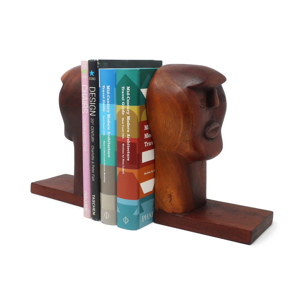 Vintage Folk Art Hand-Carved Walnut Bookends