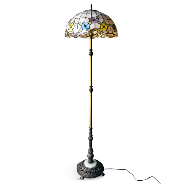 Antique Tiffany Style Brass & Iron Floor Lamp with Stained Glass Shade