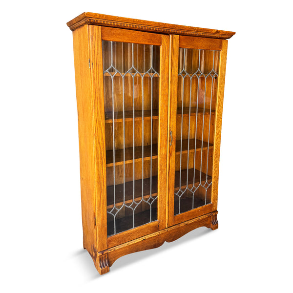 Antique Arts & Crafts Oak Bookcase with Leaded Glass Doors