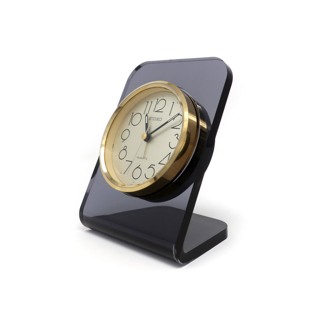 1980s Smoked Lucite and Brass Desk Clock by Seiko