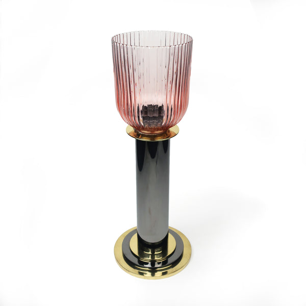 1980s Brass, Grey Metal and Pink Glass Candle Holder by Lorin Marsh