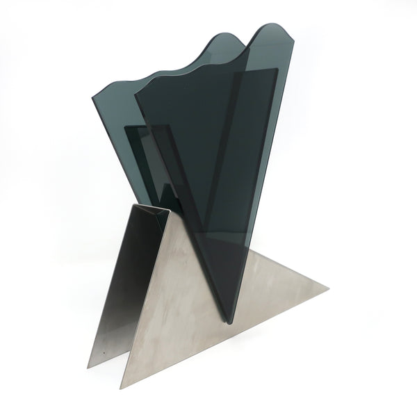 1980s Asymmetrical Smoked Glass & Metal Vase
