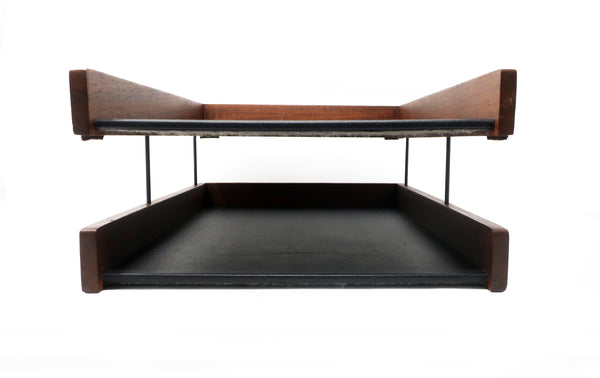 Mid-Century Leather & Wood Paper Tray