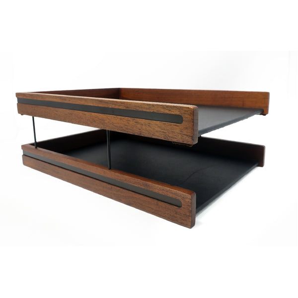 Mid-Century Leather & Wood Paper Tray