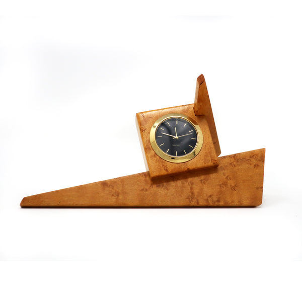 1980s Angular Burl Wood Desk Clock