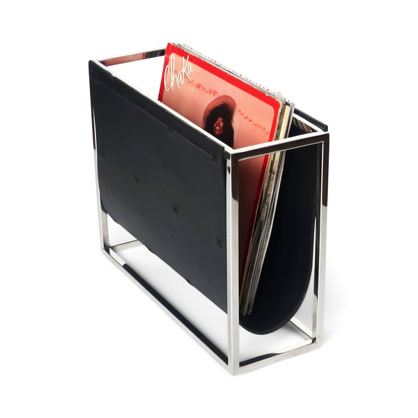 Black Leather and Chrome Magazine Rack