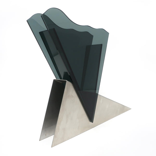 1980s Asymmetrical Smoked Glass & Metal Vase